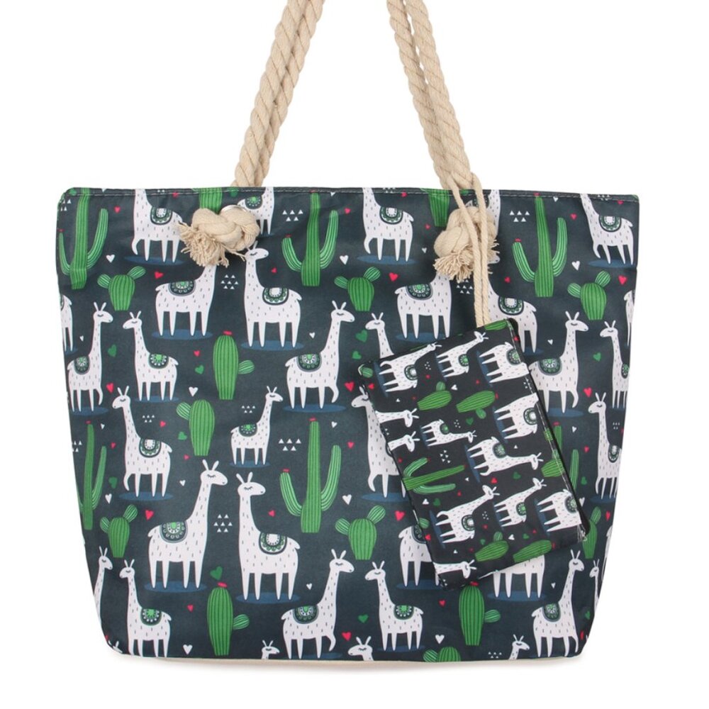 Llamas & Cactus Tote  & Zip Pouch/Wallet - Navy/ White/Green - NWT